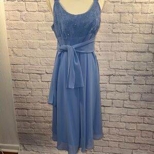 Blue Midi Dress with Spaghetti Straps and A-Line Design